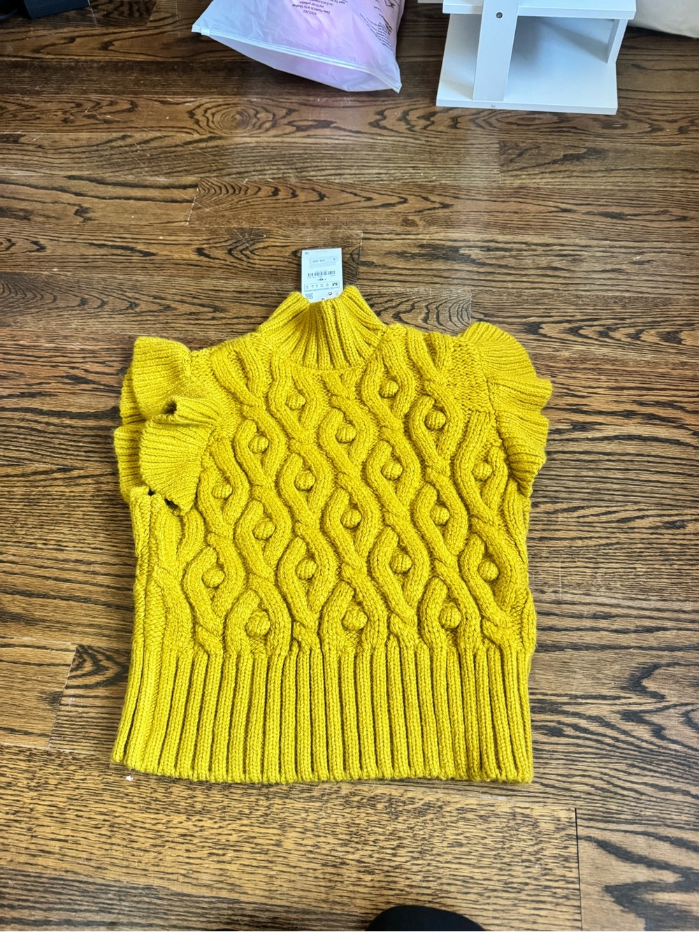 Zara Yellow Cable-Knit Mock Neck Ruffle Sleeve Sweater